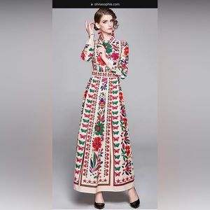 Floral Maxi Dress - Cream with Red & Green